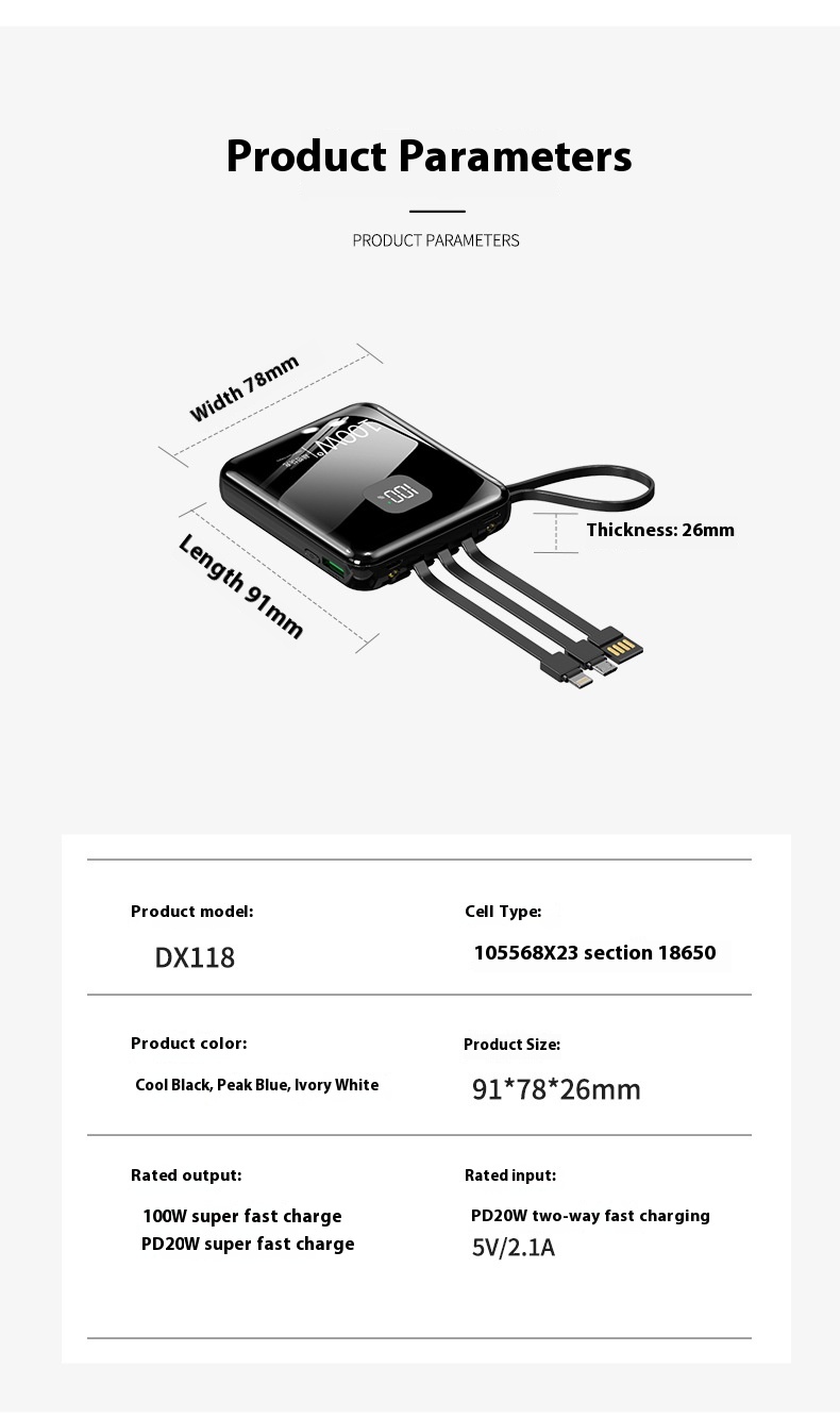 Title 8, Mini Draagbare Powerbank Met Kabel 20000 mAh PD...