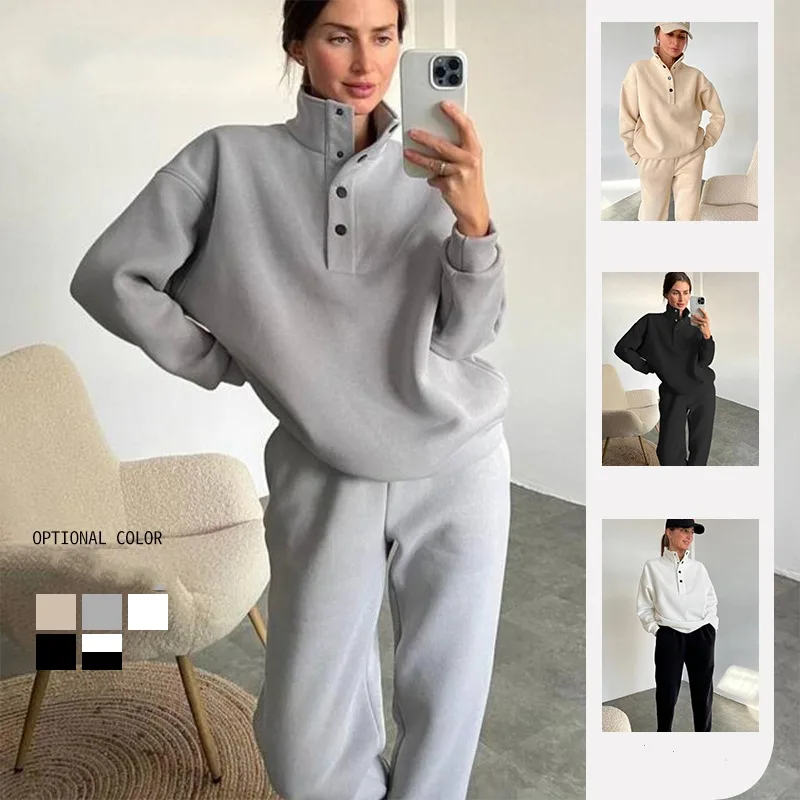Oversized Solid Casual Pullovers Long Pant Set Warm Hoodie