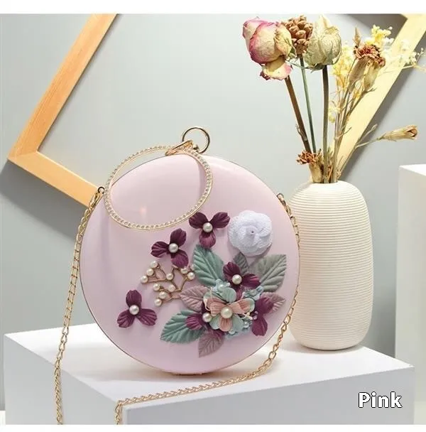 Cross-border Flower Dinner Stylish Round Banquet Handbag - Pink