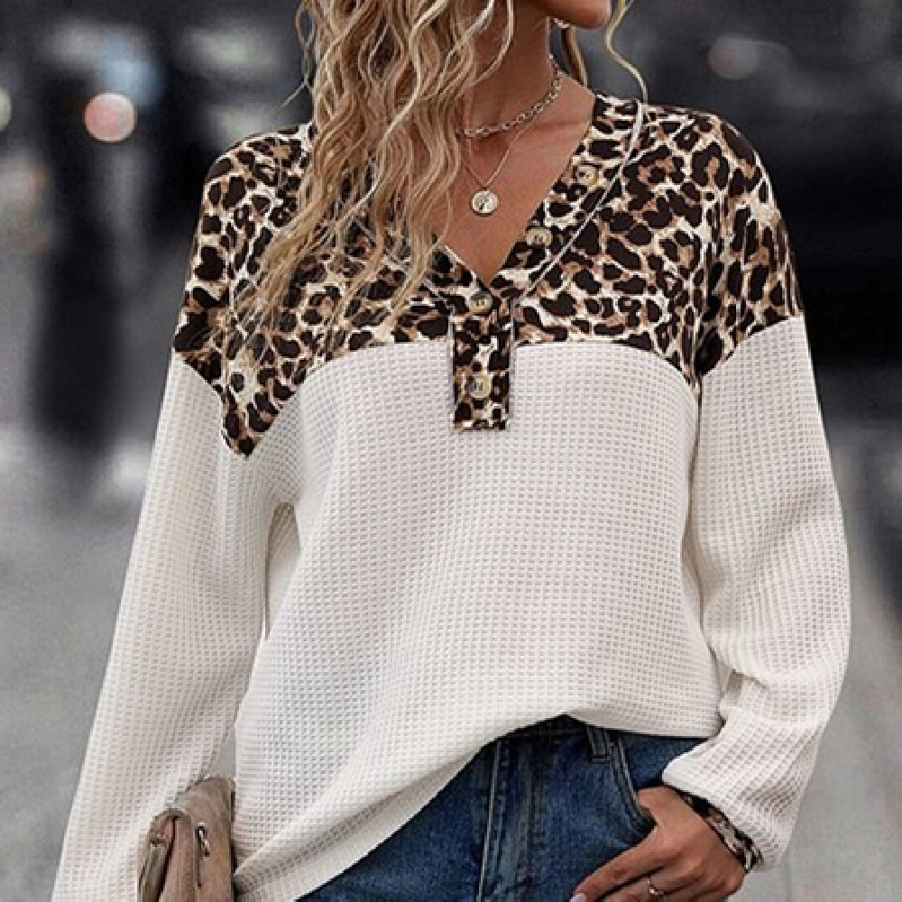 Leopard Splicing Button Top Women's T-shirt