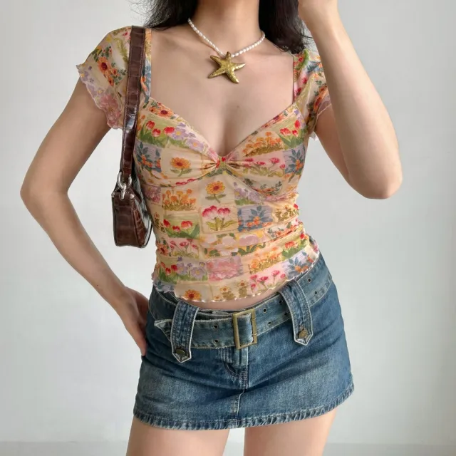 Oil Painting Flower Printed V neck T shirt Women's Mesh Short Sleeve Top Picture Color S - Shop at LoveMi