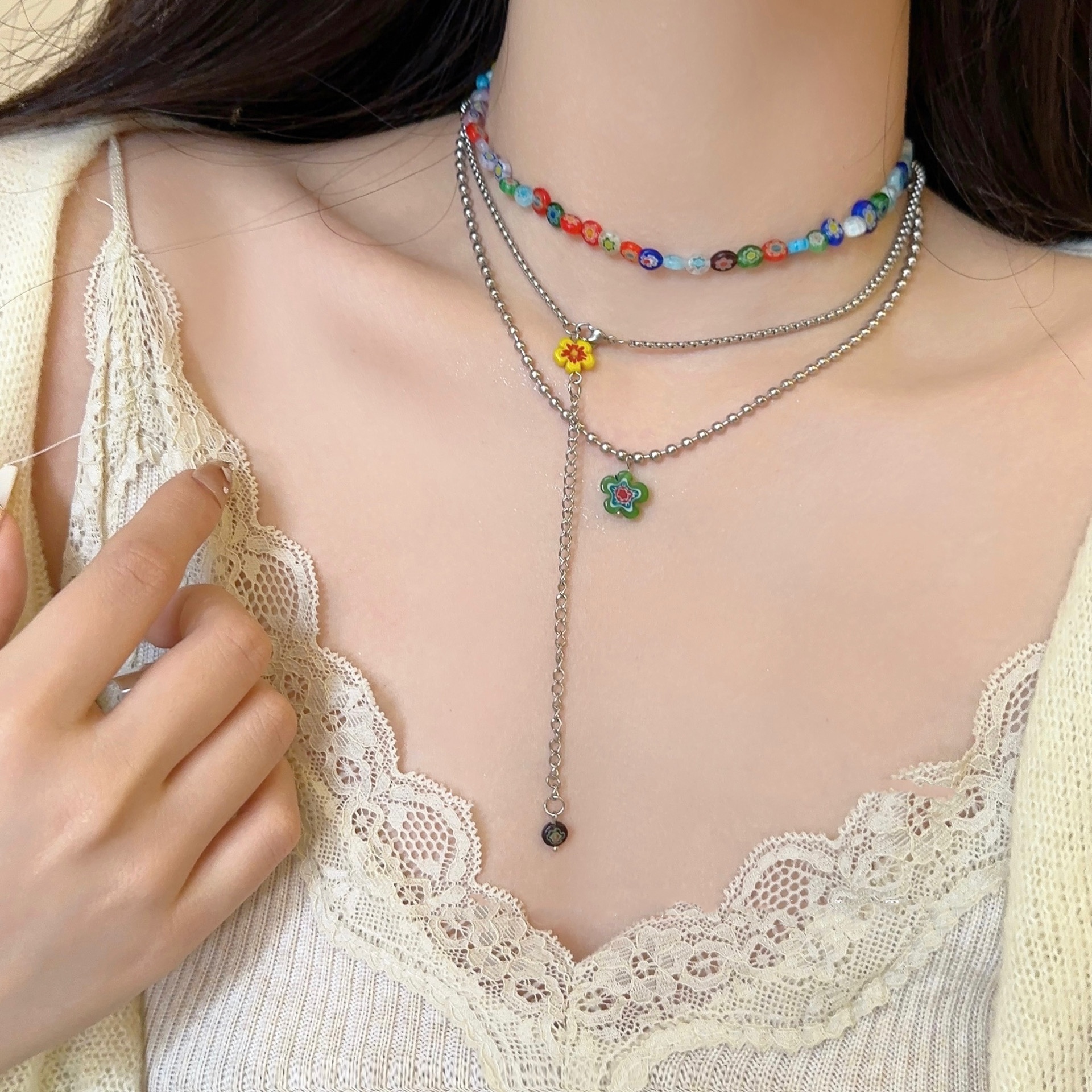 Colored Flowers Clavicle Chain Design Sense Twin Necklace