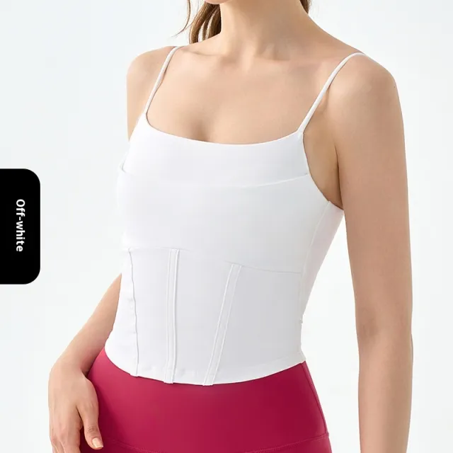 Fake Two piece Yoga Vest Female Semi fixed Fishbone Tangent Vest Tops Outerwear Beige - Shop at LoveMi