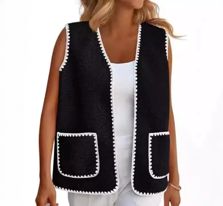 Fashion Color Contrast Sleeveless Lamb Wool Base Vest Coat - Black