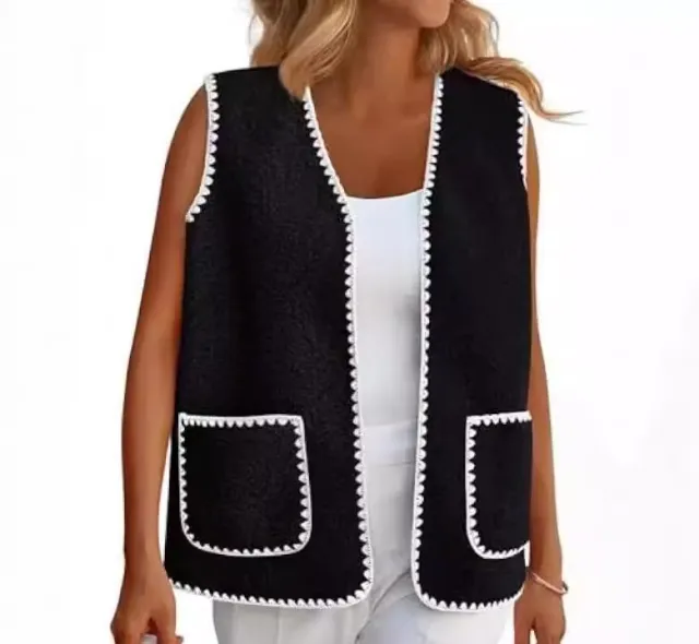 Fashion Color Contrast Sleeveless Lamb Wool Base Vest Coat Black - Shop at LoveMi