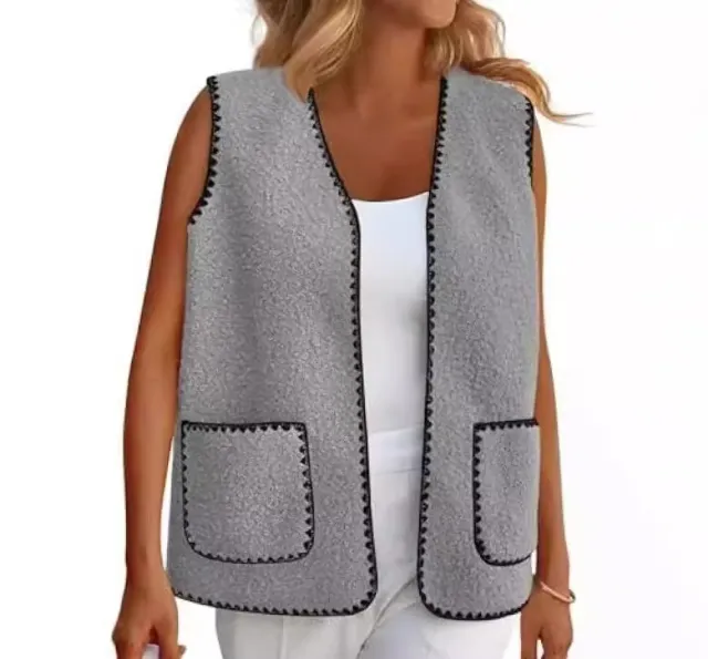 Fashion Color Contrast Sleeveless Lamb Wool Base Vest Coat Gray - Shop at LoveMi