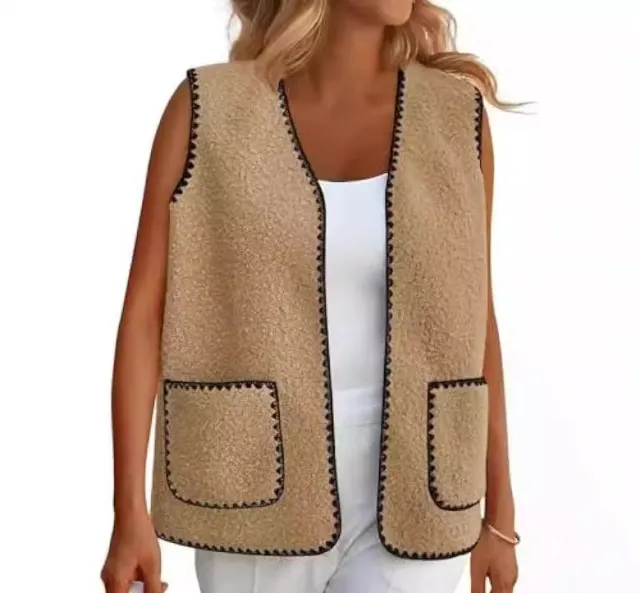 Fashion Color Contrast Sleeveless Lamb Wool Base Vest Coat Khaki - Shop at LoveMi