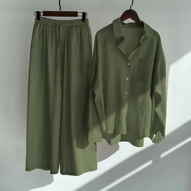 Cross-border Women's Ancient Cotton And Linen Shirt Outfit High Waist Loose Trousers - Green