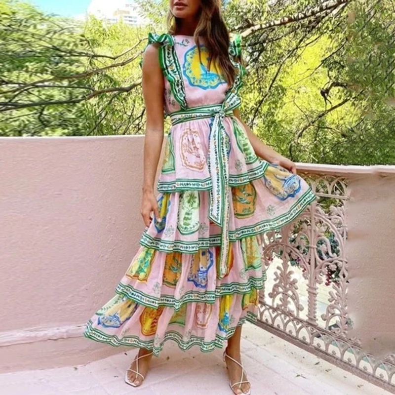 Printed High-Neck Backless Dress