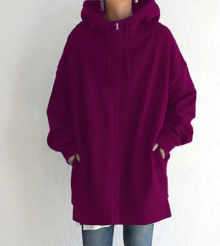 Oversized S 5XL Women Loose Hooded Coats Autumn Female Tie Collar Long Sleeve Zipper Up Add Velvet Long Sweatshirt Rose Red - Shop at LoveMi