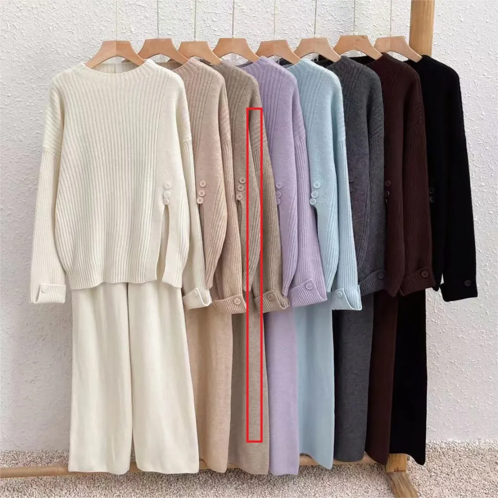 Casual Sports Style Suit Design Sense Slit Knitted Sweater Wide Leg Pants Two-piece Set - Camel