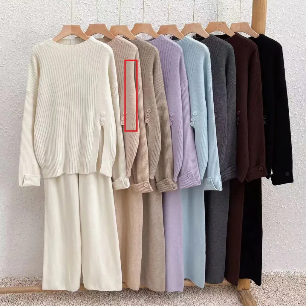 Casual Sports Style Suit Design Sense Slit Knitted Sweater Wide Leg Pants Two-piece Set - Oatmeal Color
