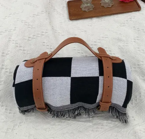 New Chessboard Plaid Knitted Thickened Camping Rugs Picnic Mat Fashion Tassel