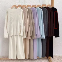 Casual Sports Style Suit Design Sense Slit Knitted Sweater Wide Leg Pants Two-piece Set - Black - View 1