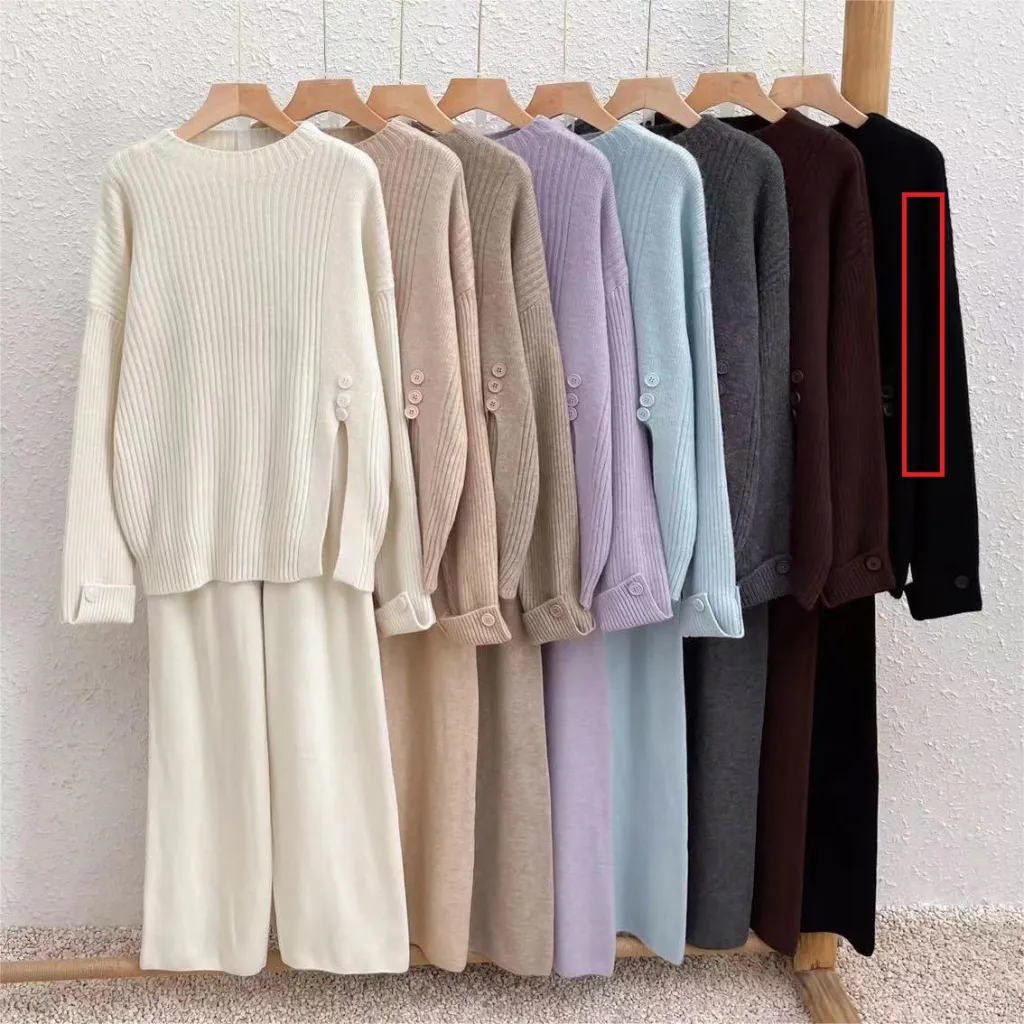 Casual Sports Style Suit Design Sense Slit Knitted Sweater Wide Leg Pants Two-piece Set - Black