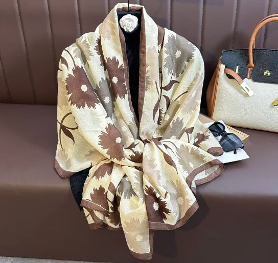 Printed Cotton And Linen Scarf Warm Outer Shawl Sunflower Gray - Shop at LoveMi