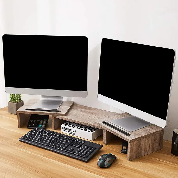 Wooden Dual Screen Computer Monitor Storage Increases Height