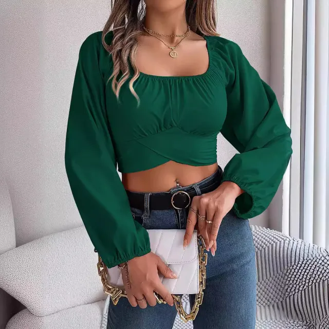 Leisure Lantern Sleeve Lace up Waist Chiffon Shirt Midriff baring Top Green - Shop at LoveMi