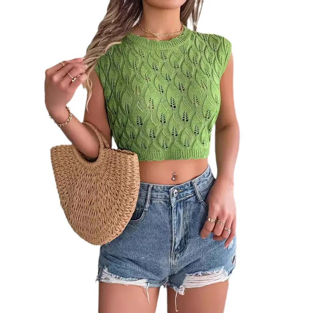 Hollow Leaves Midriff-baring Knitted Sweater Vacation Top - Green