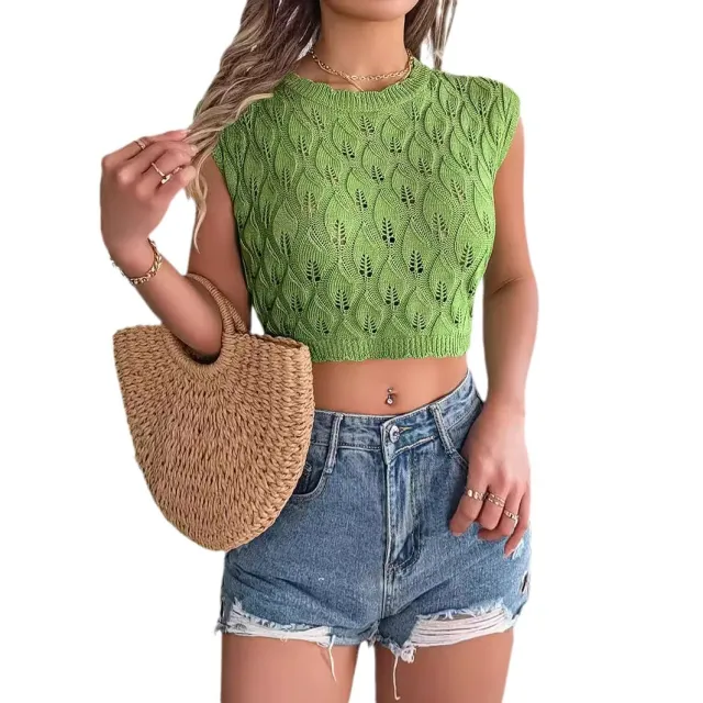 Hollow Leaves Midriff baring Knitted Sweater Vacation Top Green - Shop at LoveMi