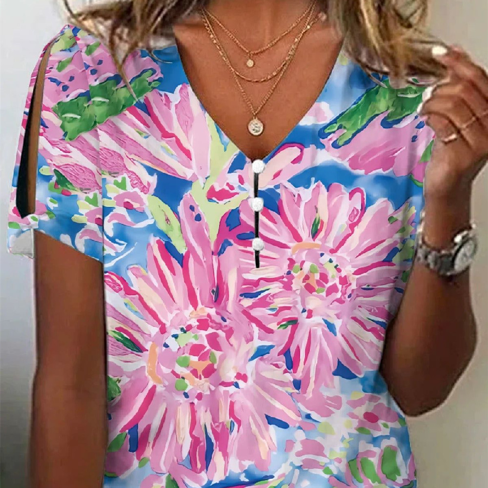 Women's 3d Printed Short-sleeved Button V-neck T-shirt