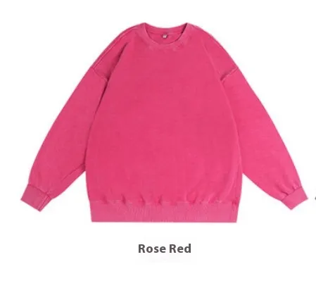 Round Neck Sweater Women's Worn Looking Washed out Long Sleeve T shirt Rose Red - Shop at LoveMi