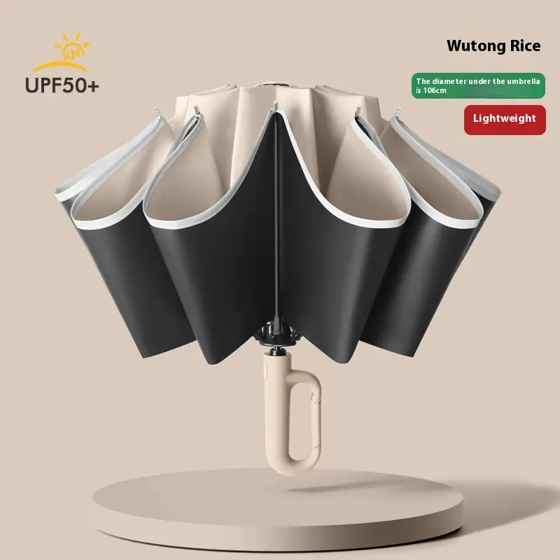 Automatic Folding Umbrella with Carabiner Handle — Reverse Beige Diameter 105
