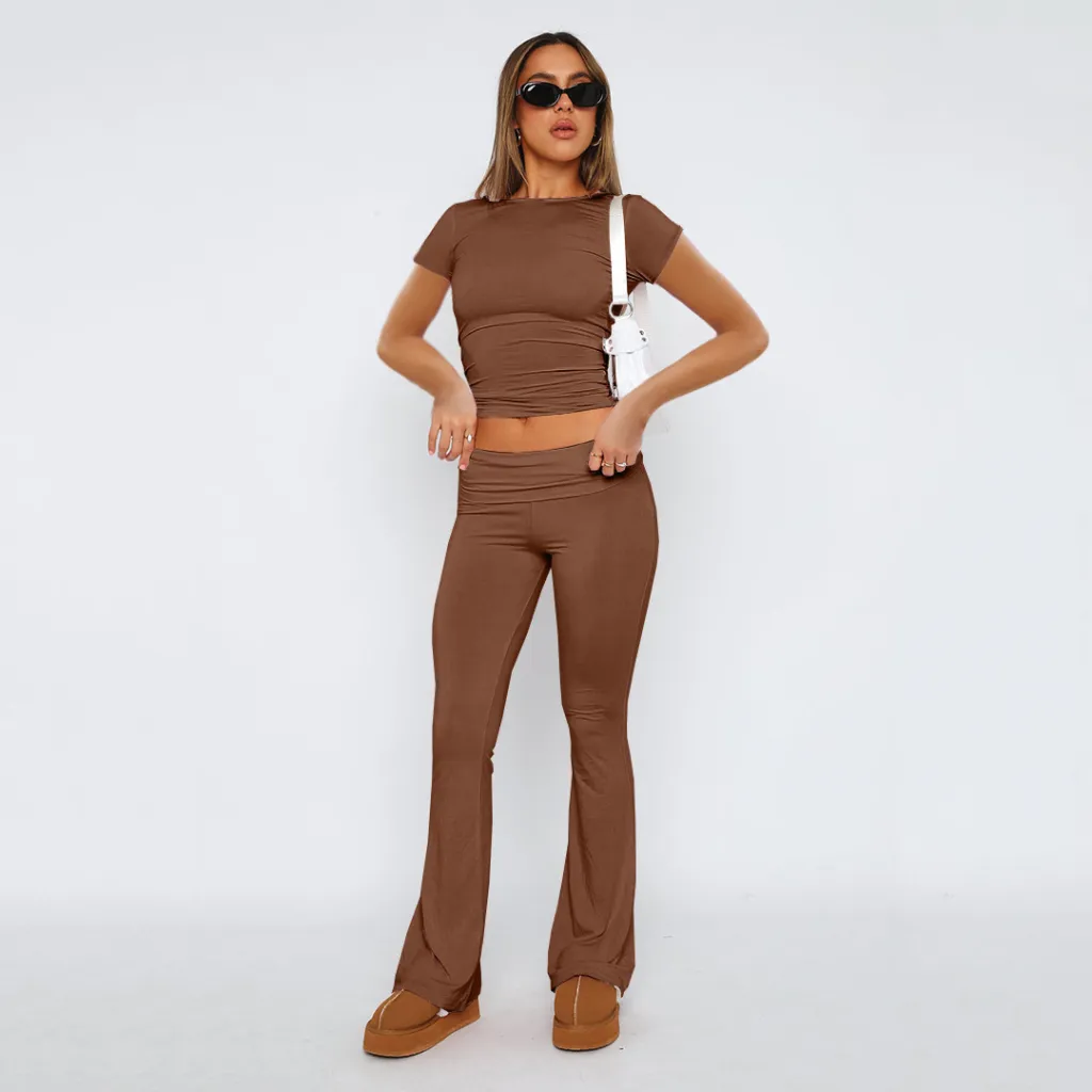 Fashion Slimming Solid Color Blouse And Pants Women - Brown Suit Short Sleeve - View 1