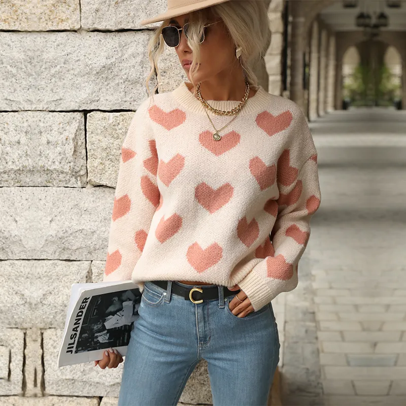 Fashion Love Print Knitting Sweater Casual Pullover Long-sleeved Top Womens Clothing - Pink