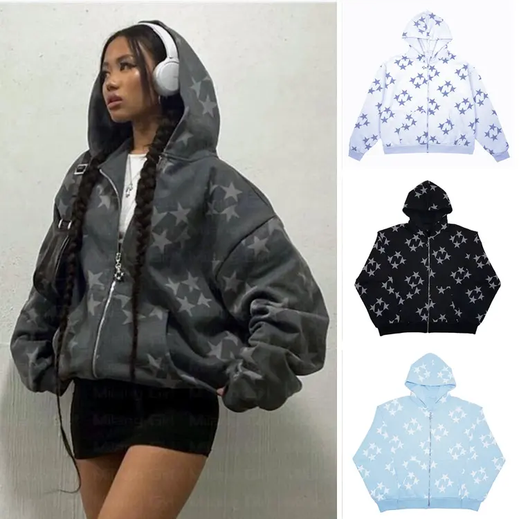 Stars Printed Zipper Hooded Cardigan Couple Fashion Outerwear Hoodies