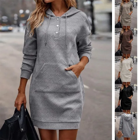 Solid Long Hoodies Sweater with Pocket Mid-length Hooded Sweatshirt