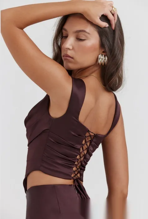 New Temperament Two piece Silky Suit Split Skirt With Lining Fishbone Brown Suit - Shop at LoveMi