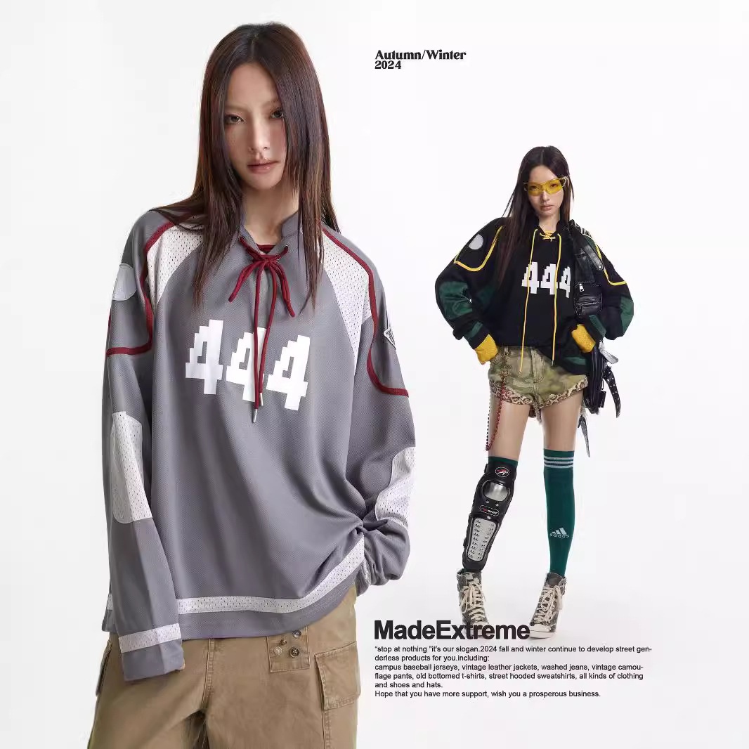 Autumn And Winter American Jersey Vintage Printed Mesh Breathable Stitching Drawstring Long Sleeve T-shirt