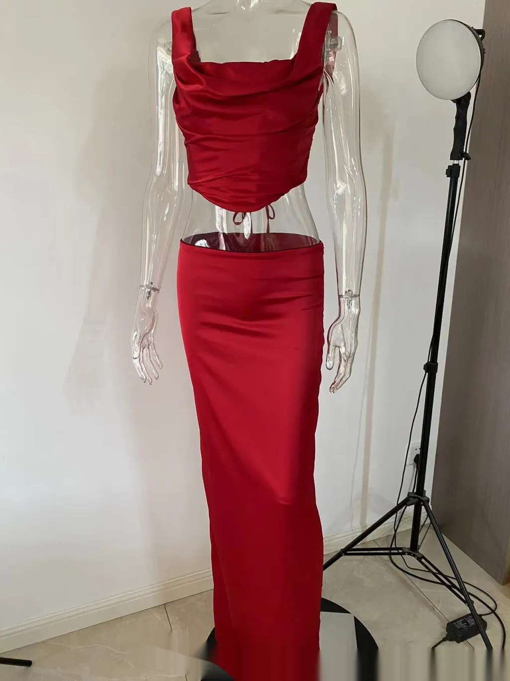 New Temperament Two-piece Silky Suit Split Skirt With Lining Fishbone - Wine Red Suit