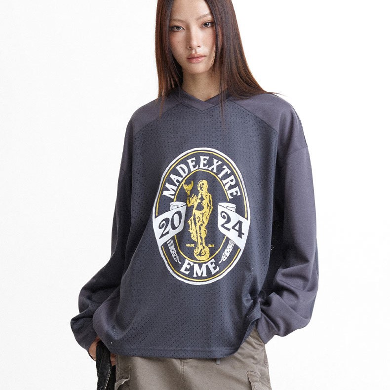 American Retro Printed Patchwork Long Sleeves T-shirt