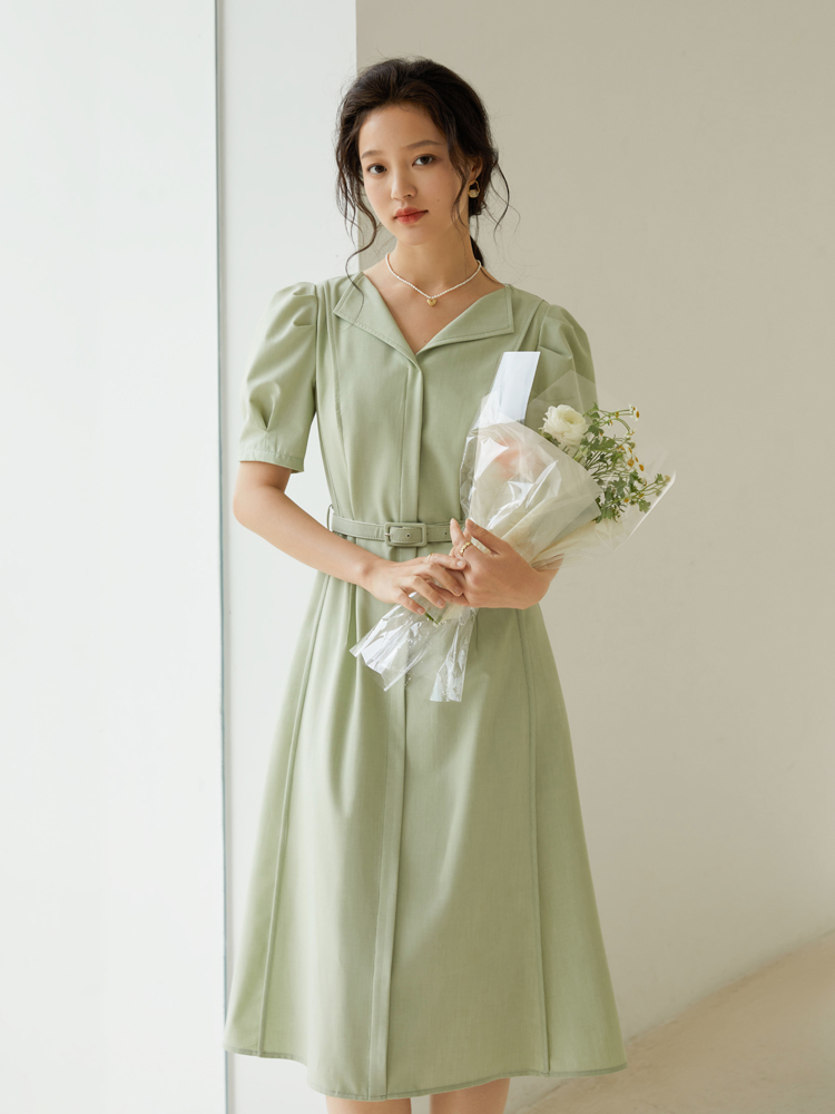 Women's Lapel Mid-length Lantern Sleeve Dress