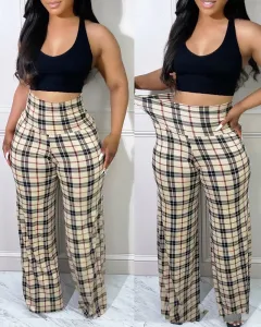Slim Fit Khaki Plaid High Waist Trousers - Khaki - View 1