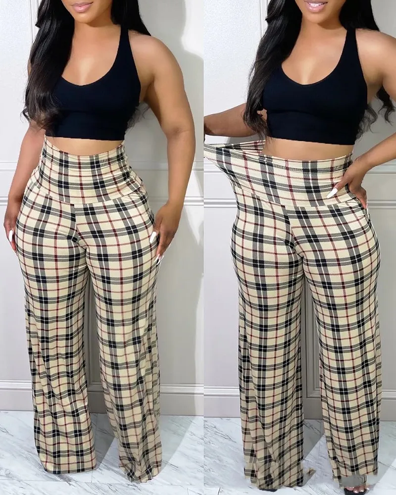 Slim Fit Khaki Plaid High Waist Trousers - Khaki
