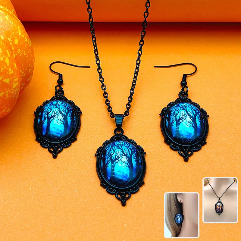 3pcs Vintage Halloween Tree of Life and Witch Necklace