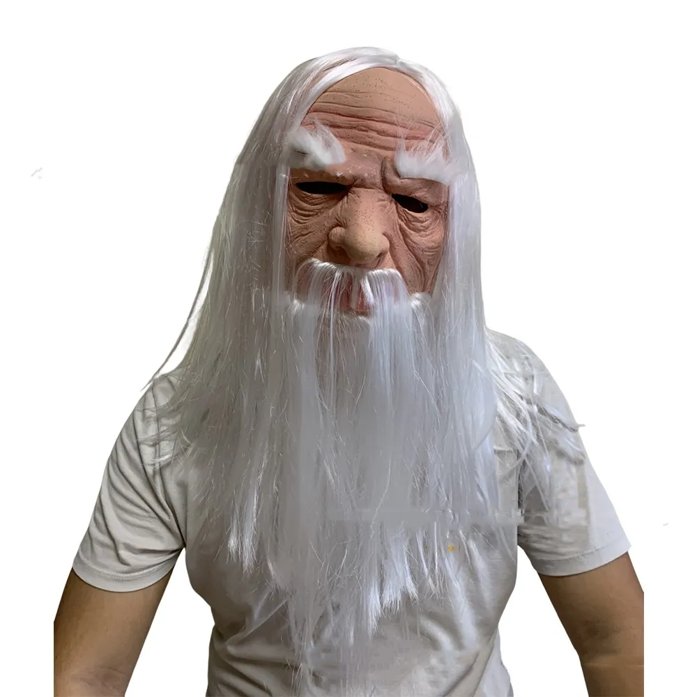 Bald Grandpa Maskwig Latex Old Head Cover - White Haired Wizard