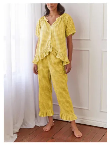 Women's Comfort And Casual Ruffled Button Top Trousers Suit - Yellow