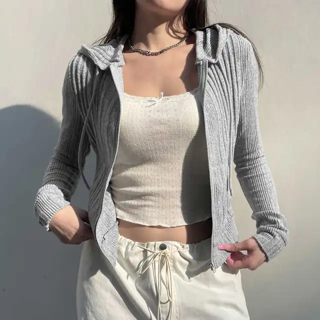 Autumn And Winter Gray With Zipper Cardigan Short Hooded Knitted Jacket Light Gray - Shop at LoveMi