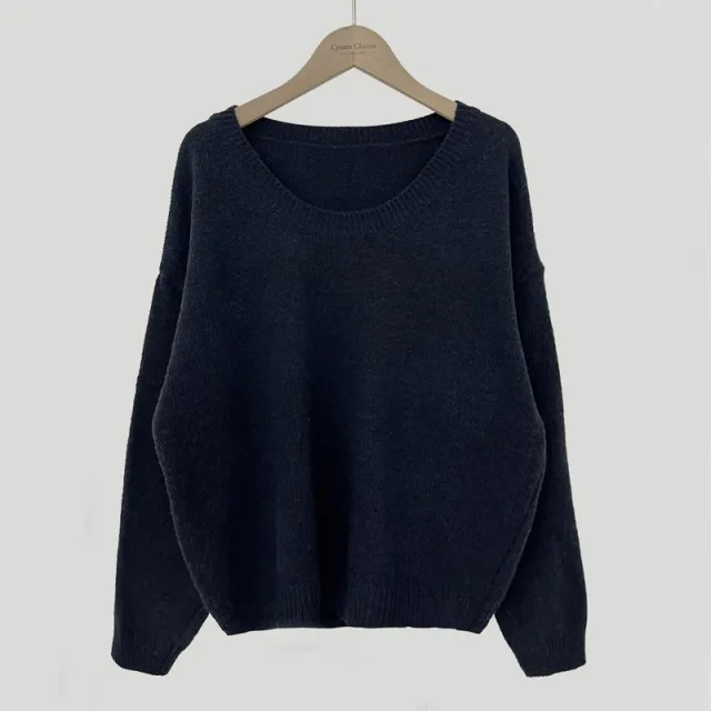 All matching Crew Neck Pullover Sweater Solid Color Long sleeved Knitted Top Navy Blue - Shop at LoveMi