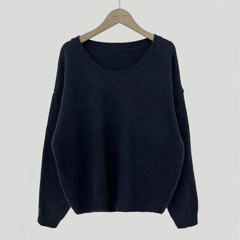 All-matching Crew Neck Pullover Sweater Solid Color Long-sleeved Knitted Top - Navy Blue