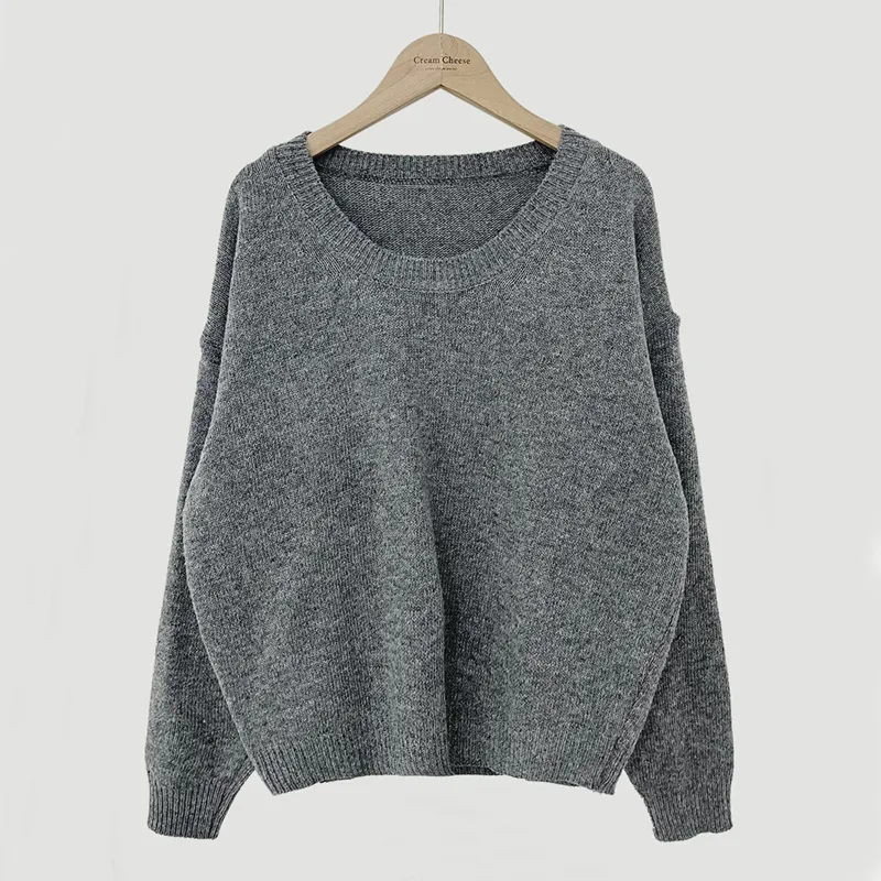 All-matching Crew Neck Pullover Sweater Solid Color Long-sleeved Knitted Top - Grey