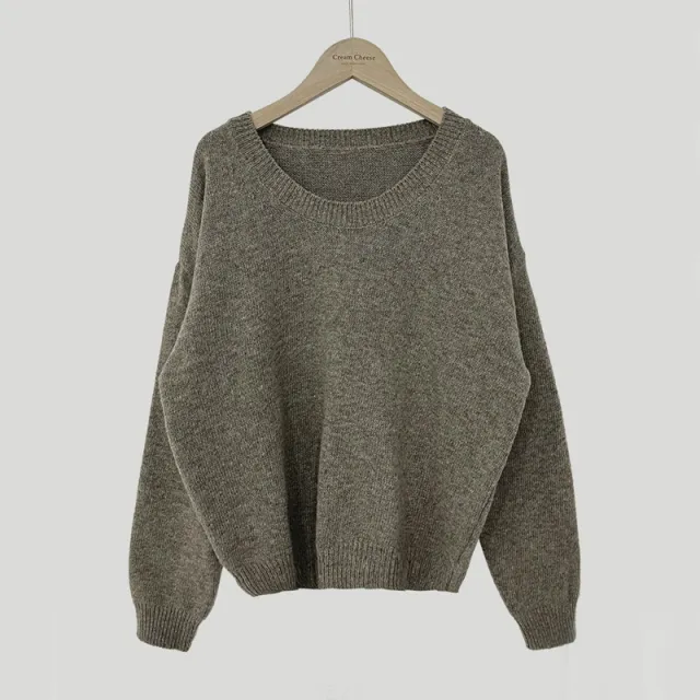 All matching Crew Neck Pullover Sweater Solid Color Long sleeved Knitted Top Coffee - Shop at LoveMi