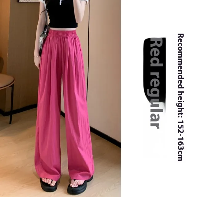 High Waist Drooping Straight Pleated Cotton And Linen Casual Pants Raspberry Color Regular S - Shop at LoveMi