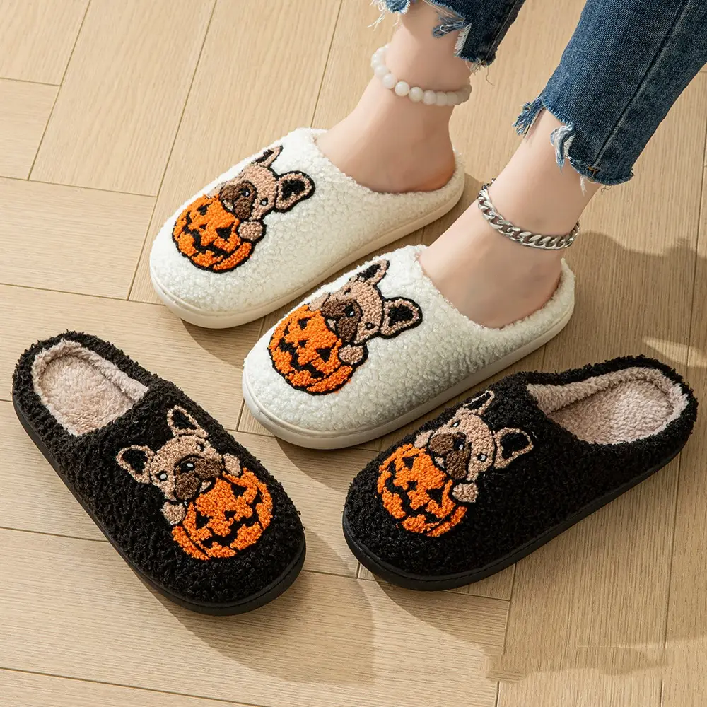 New Halloween Cute Comfy Pumpkin House Slippers Outdoor Indoor For Spooky Season Non-slip Velvet Cotton Slippers