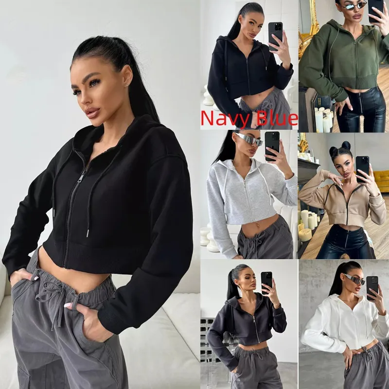 Fashion Hoodies Zipper Hooded Drawstring Short Long Sleeve Sweater - Navy Blue