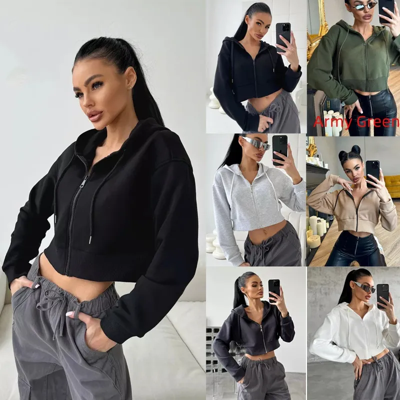 Fashion Hoodies Zipper Hooded Drawstring Short Long Sleeve Sweater - Army Green